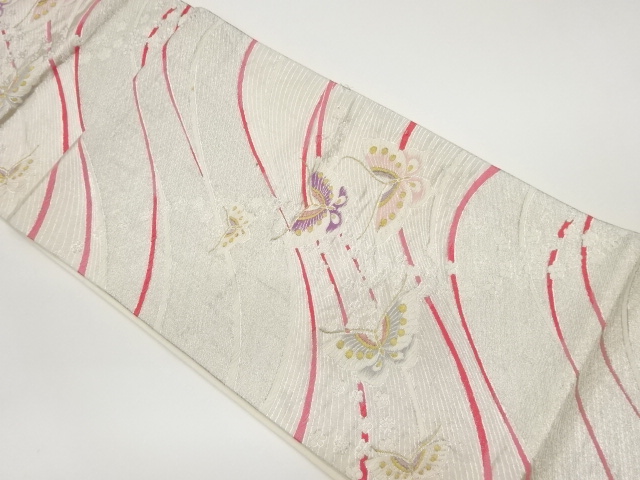 リサイクル　曲線に梅・蝶模様織出し袋帯